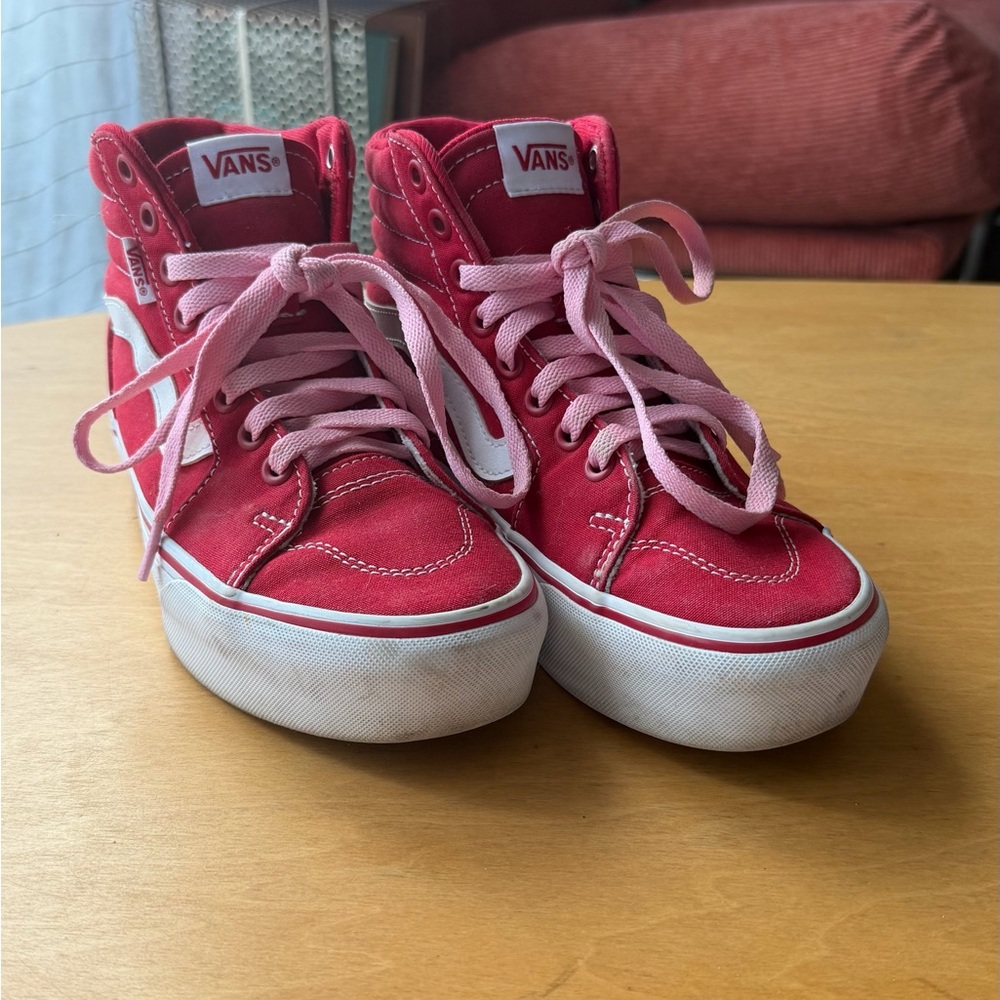 Vans Red High-Top Sneakers with Pink Laces